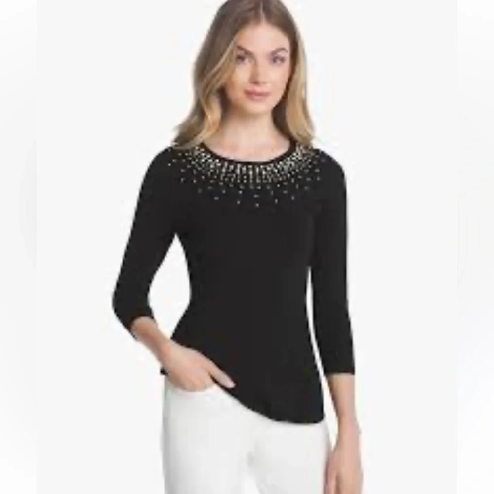 NWT White House Black Market Faux Pearl sparkle Neck LP pullover black sweater